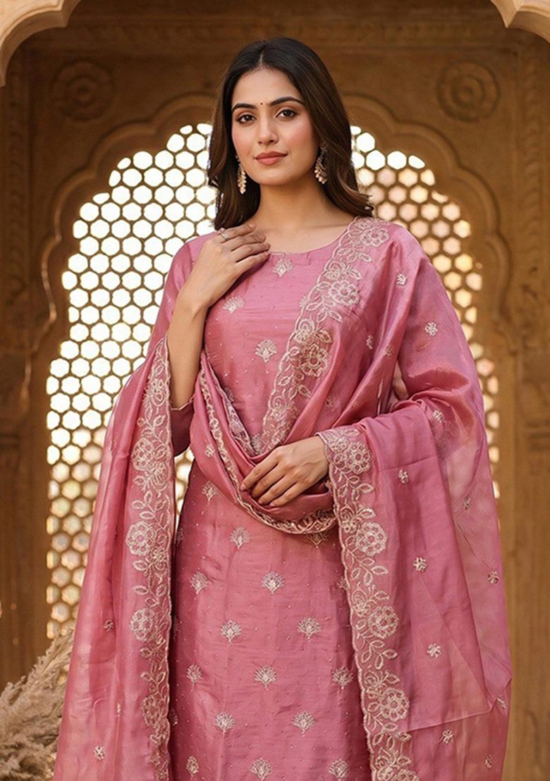 Pink Embroidery Silk Kurta Set - Indya