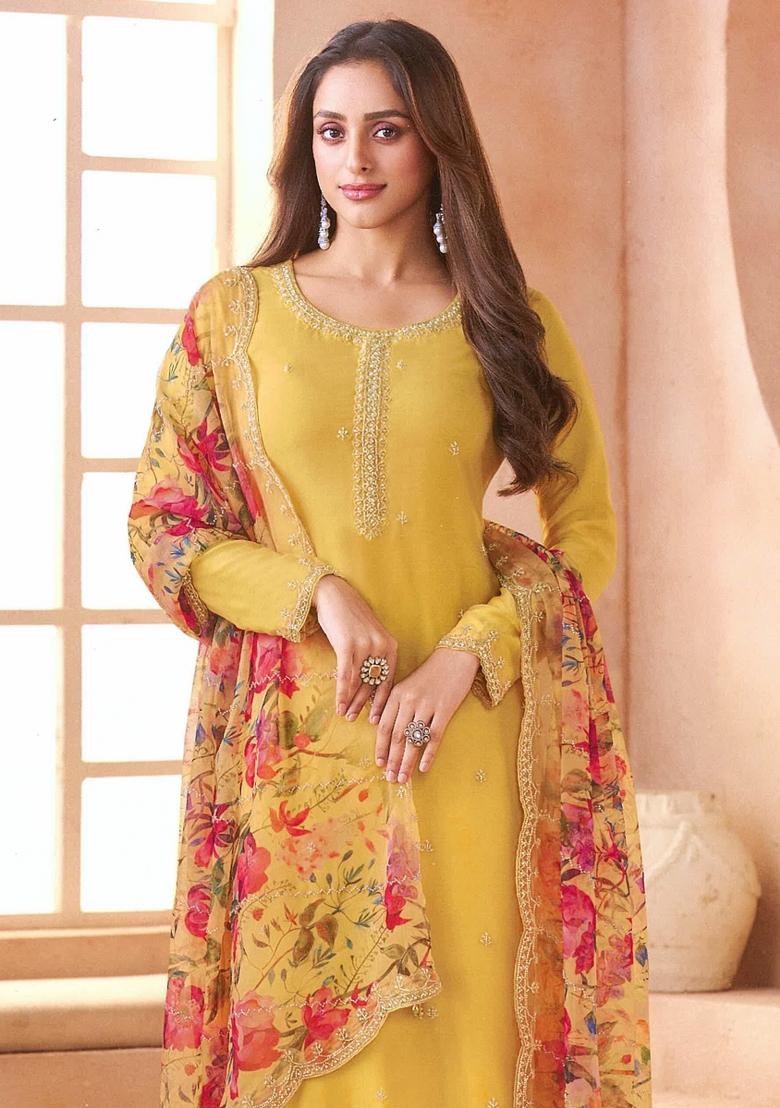 Yellow Embroidery Chiffon Kurta Set - Indya