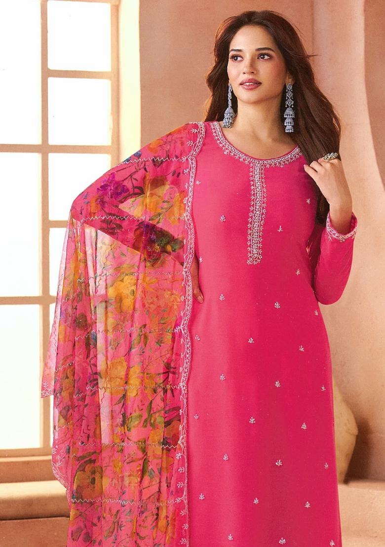 Pink Embroidery Chiffon Kurta Set - Indya