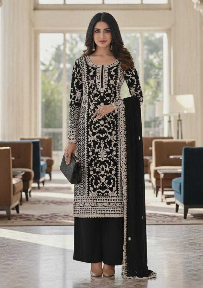 Black Embroidery Net Kurta Set - Indya