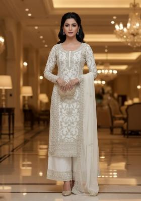White Embroidery Net Kurta Set