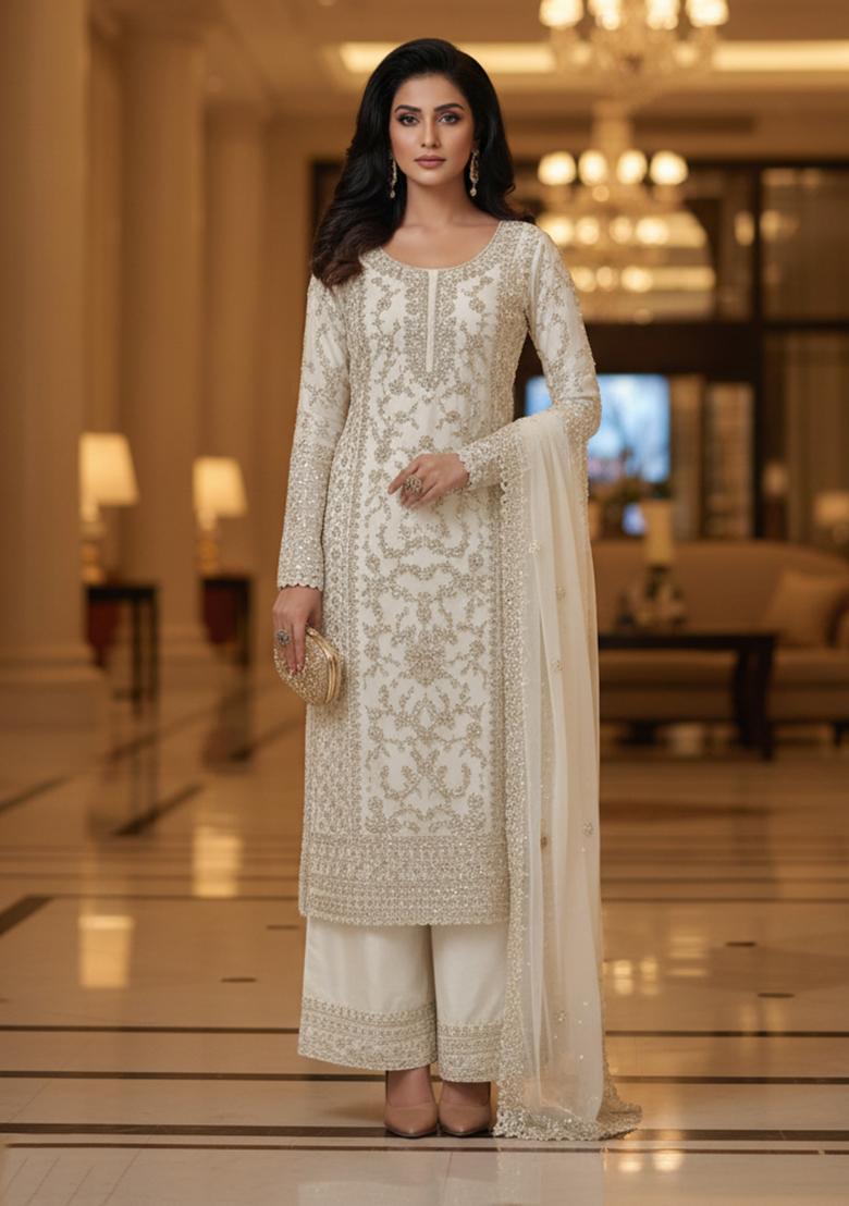 White Embroidery Net Kurta Set - Indya