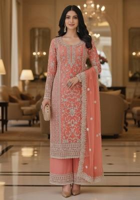 Peach Embroidery Net Kurta Set