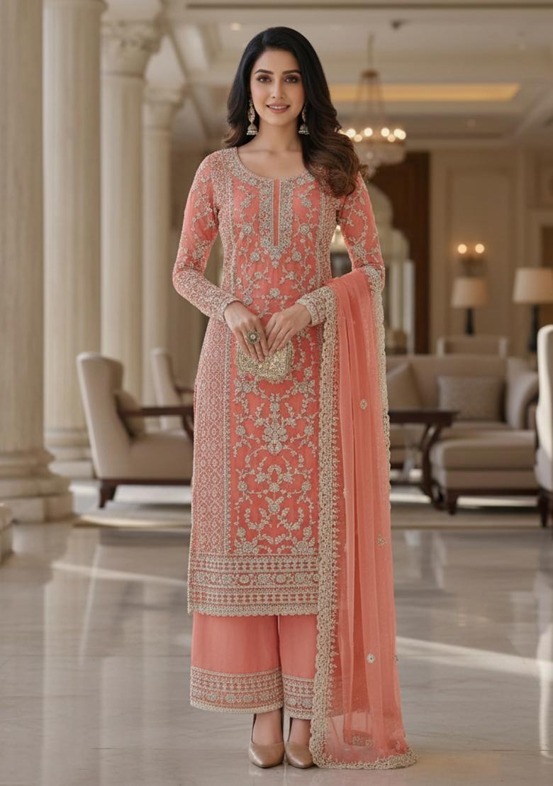Peach Embroidery Net Kurta Set - Indya
