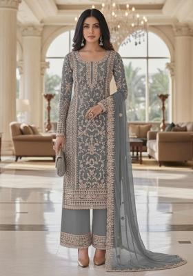 Grey Embroidery Net Kurta Set