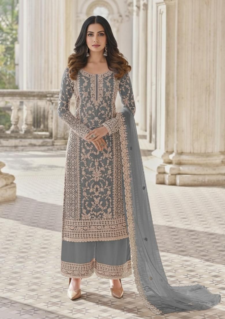 Grey Embroidery Net Kurta Set - Indya