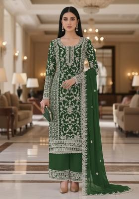 Green Embroidery Net Kurta Set