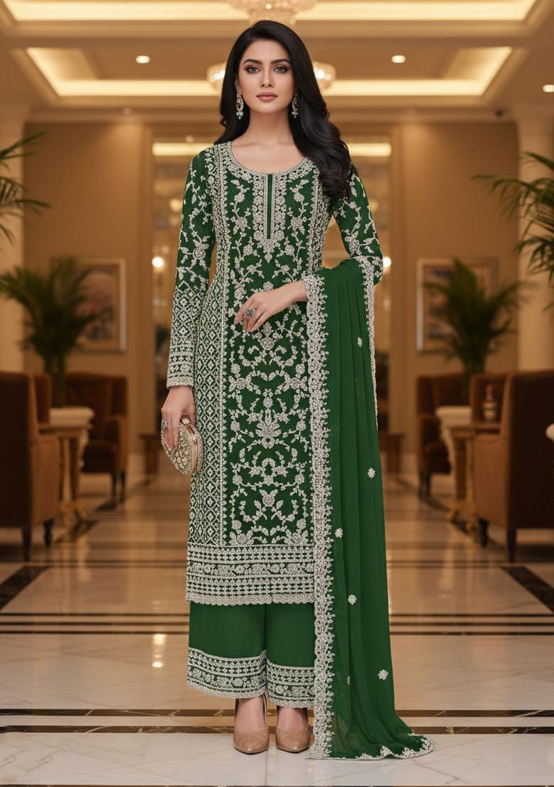 Green Embroidery Net Kurta Set - Indya