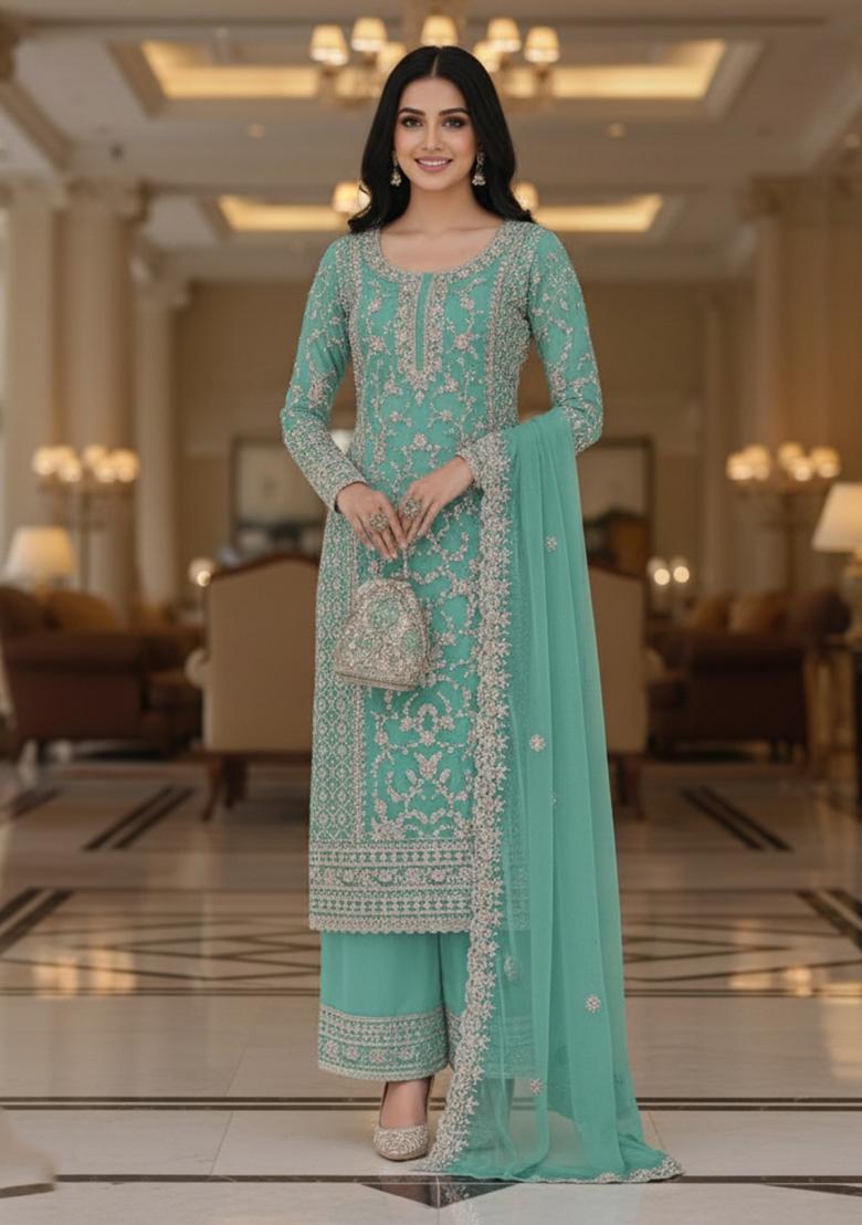 Sea Green Embroidery Net Kurta Set - Indya