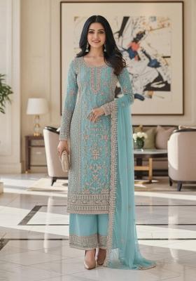 Sky Blue Embroidery Net Kurta Set