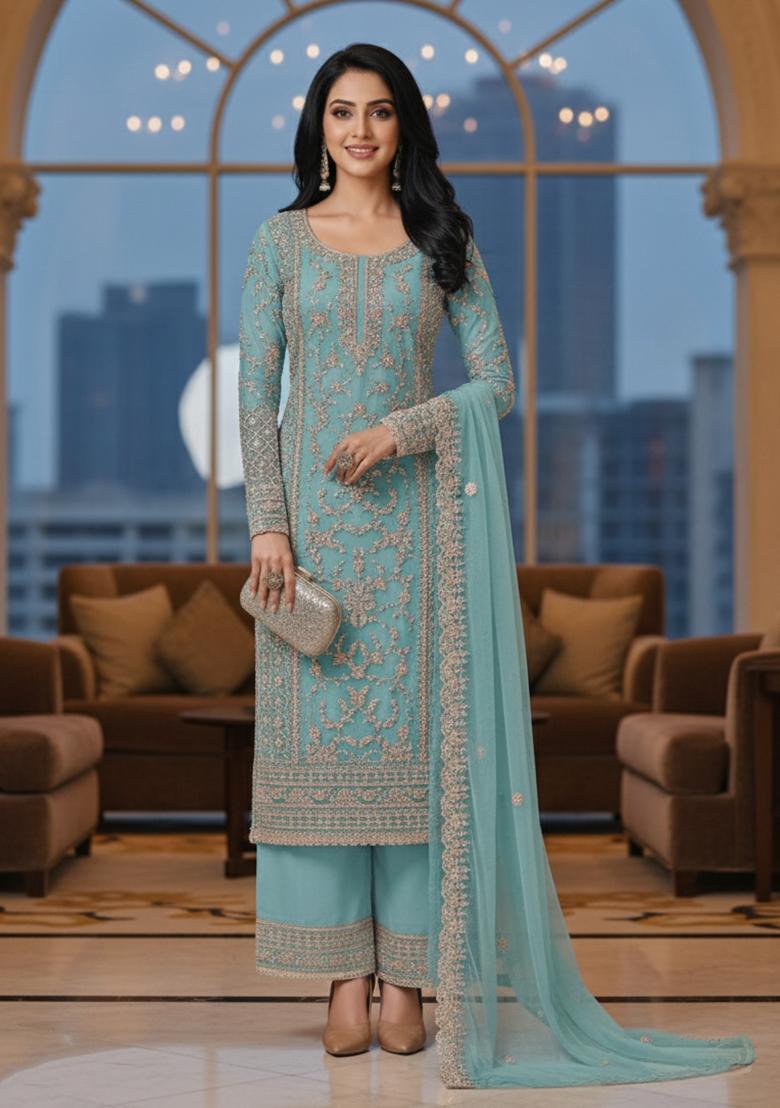 Sky Blue Embroidery Net Kurta Set - Indya