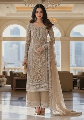 Beige Embroidery Net Kurta Set