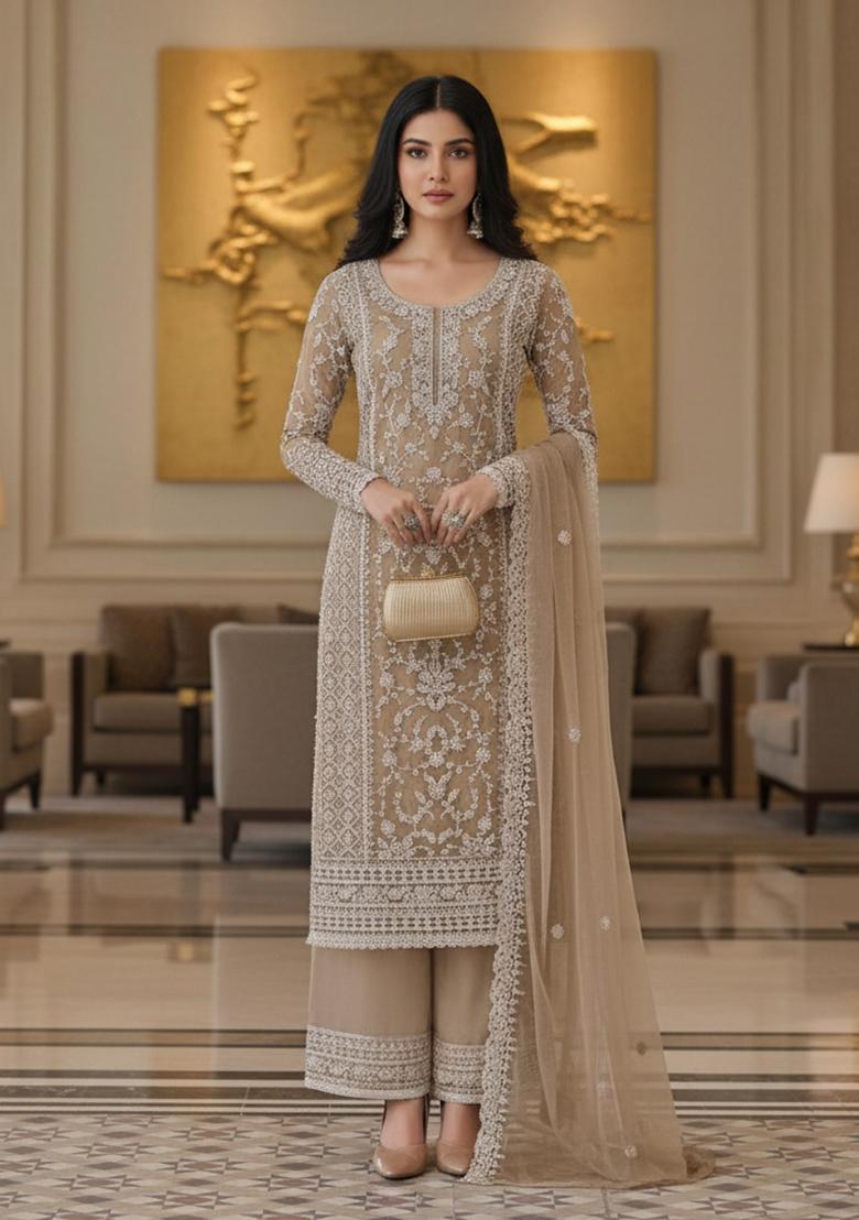 Beige Embroidery Net Kurta Set - Indya