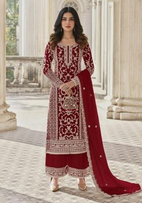 Burgundy Embroidery Net Kurta Set