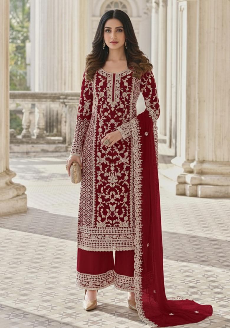 Burgundy Embroidery Net Kurta Set - Indya