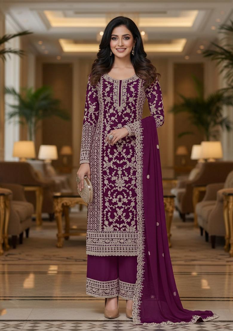 Wine Embroidery Net Kurta Set - Indya