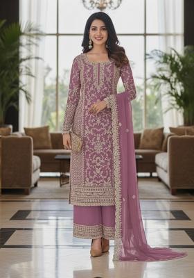 Purple Embroidery Net Kurta Set