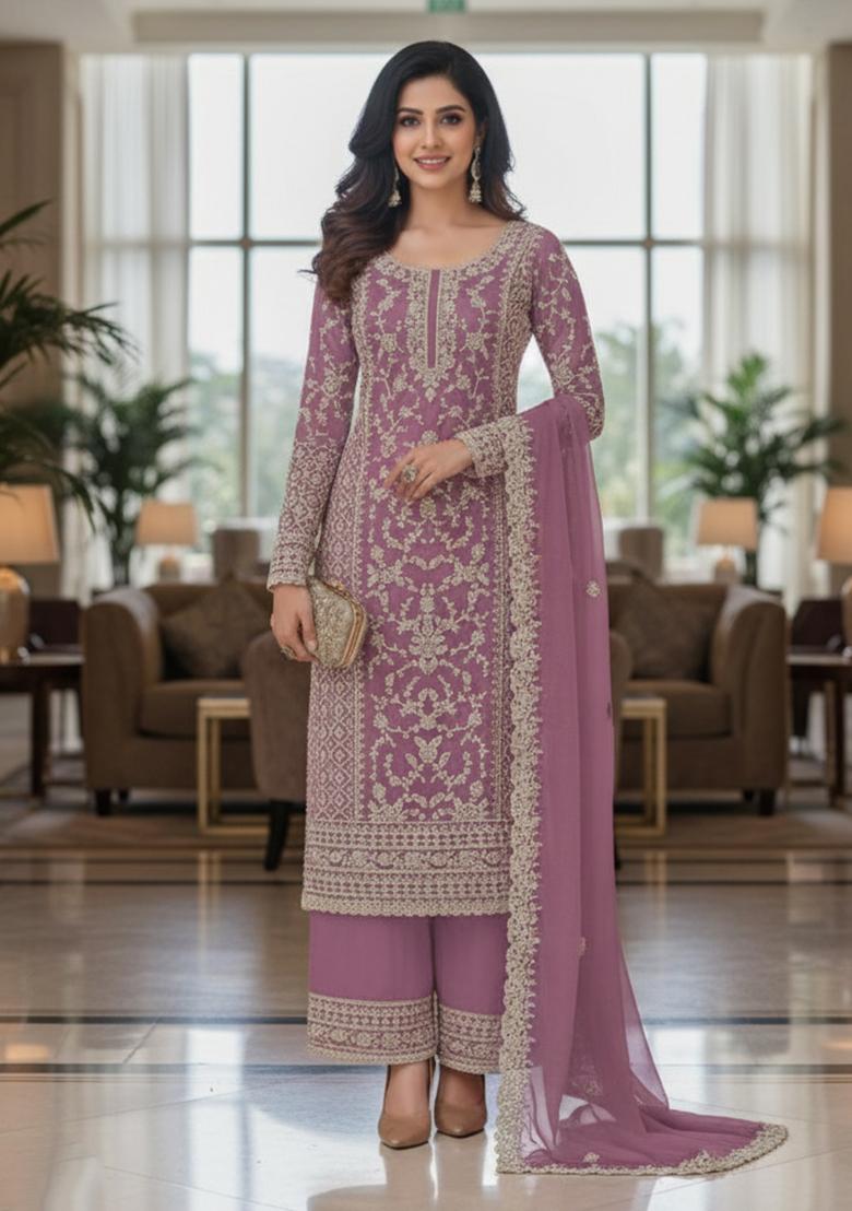 Purple Embroidery Net Kurta Set - Indya