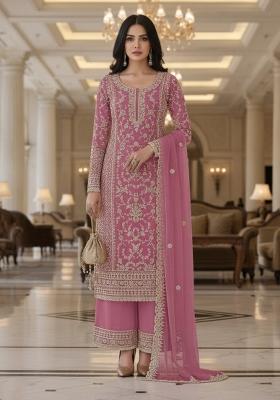 Pink Embroidery Net Kurta Set