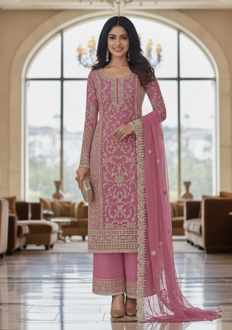 Pink Embroidery Net Kurta Set - Indya