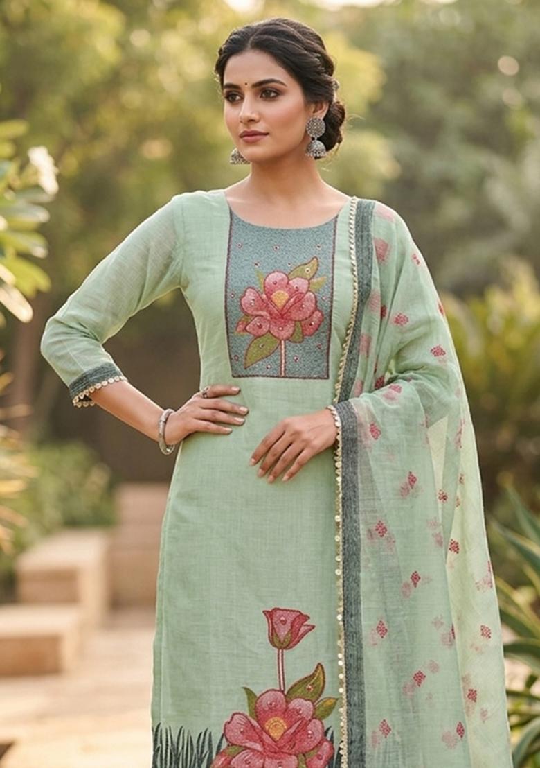 Green Embroidery Cotton Kurta Set - Indya