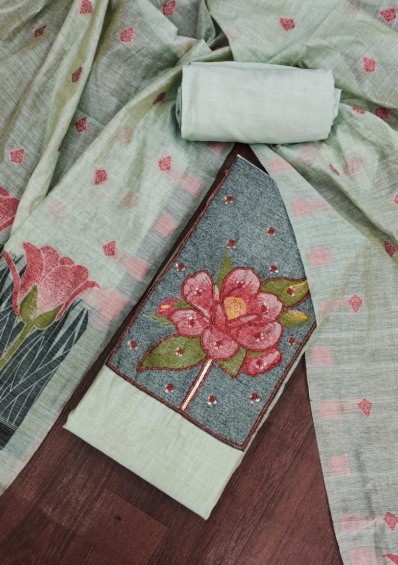 Green Embroidery Cotton Kurta Set - Indya