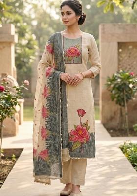 Beige Embroidery Cotton Kurta Set