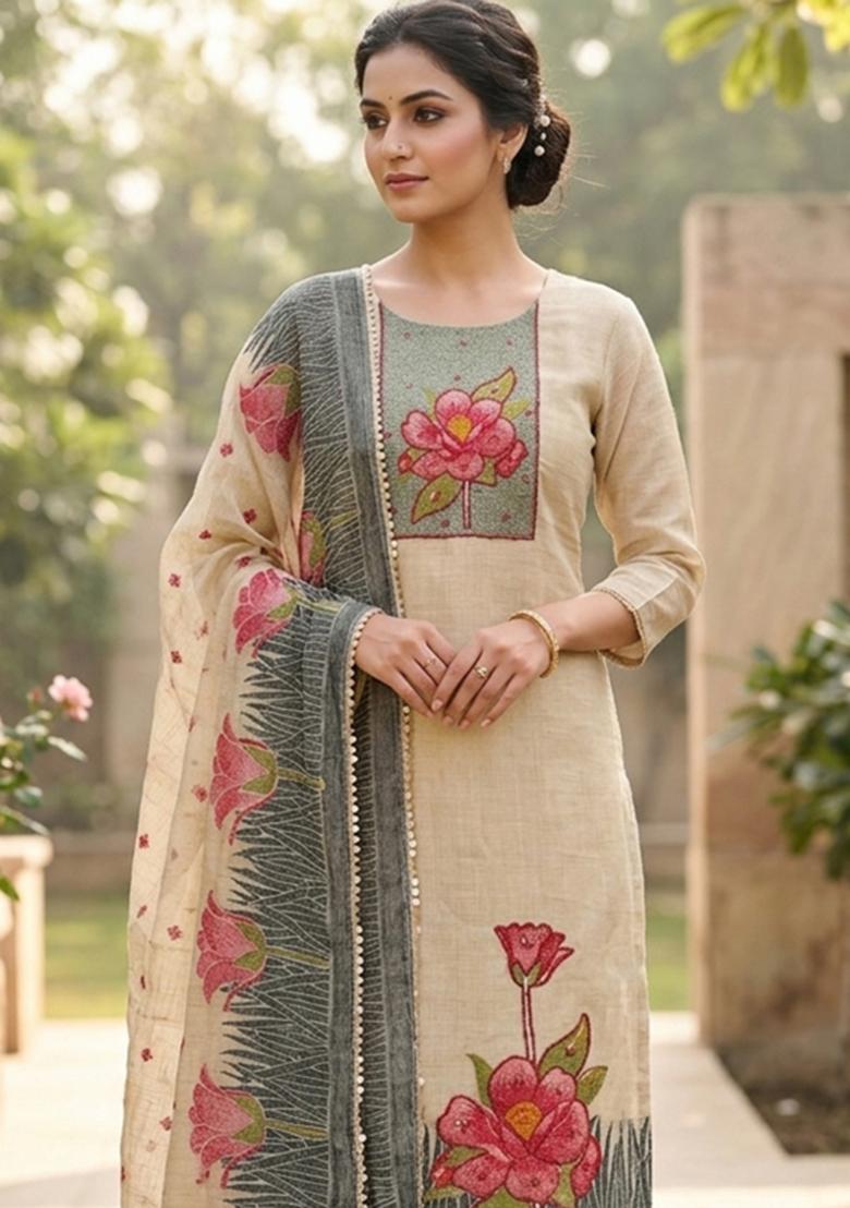 Beige Embroidery Cotton Kurta Set - Indya