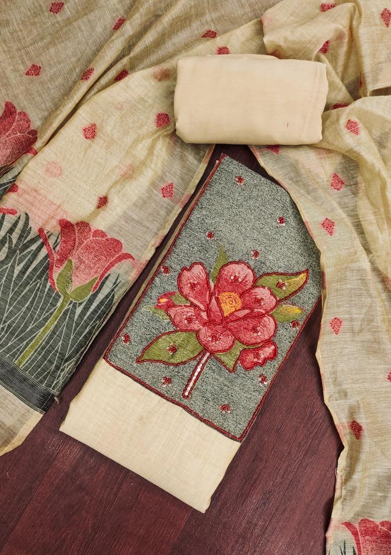 Beige Embroidery Cotton Kurta Set - Indya