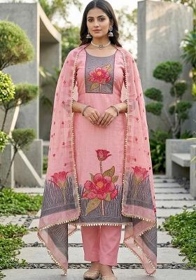Pink Embroidery Cotton Kurta Set