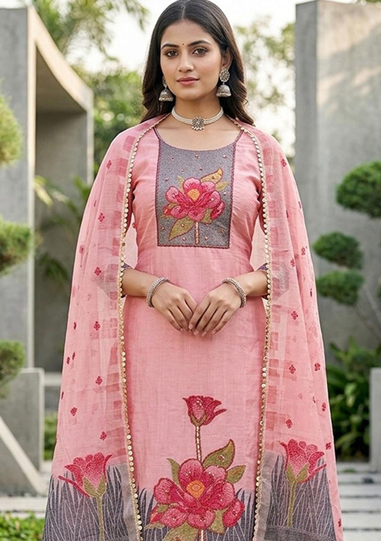 Pink Embroidery Cotton Kurta Set - Indya