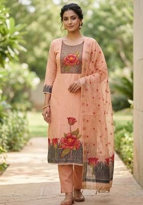Peach Embroidery Cotton Kurta Set