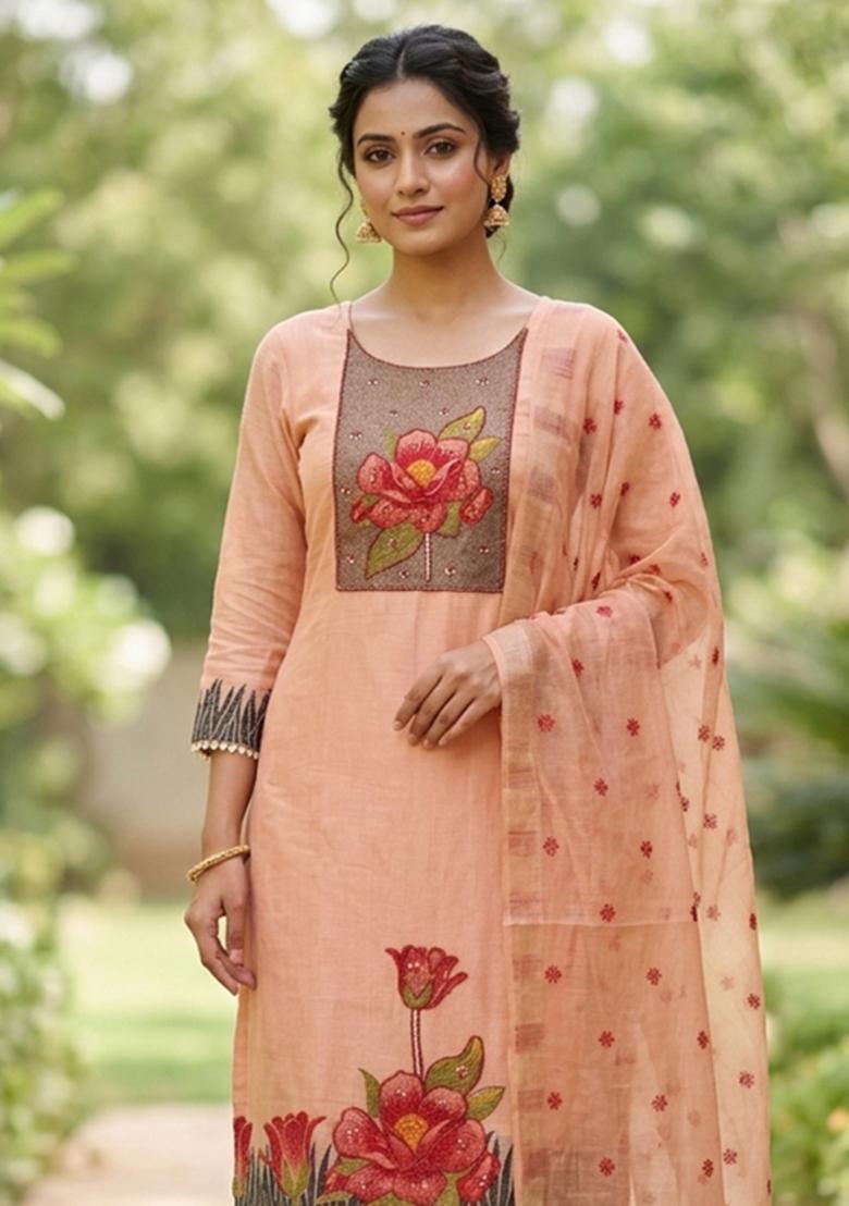 Peach Embroidery Cotton Kurta Set - Indya