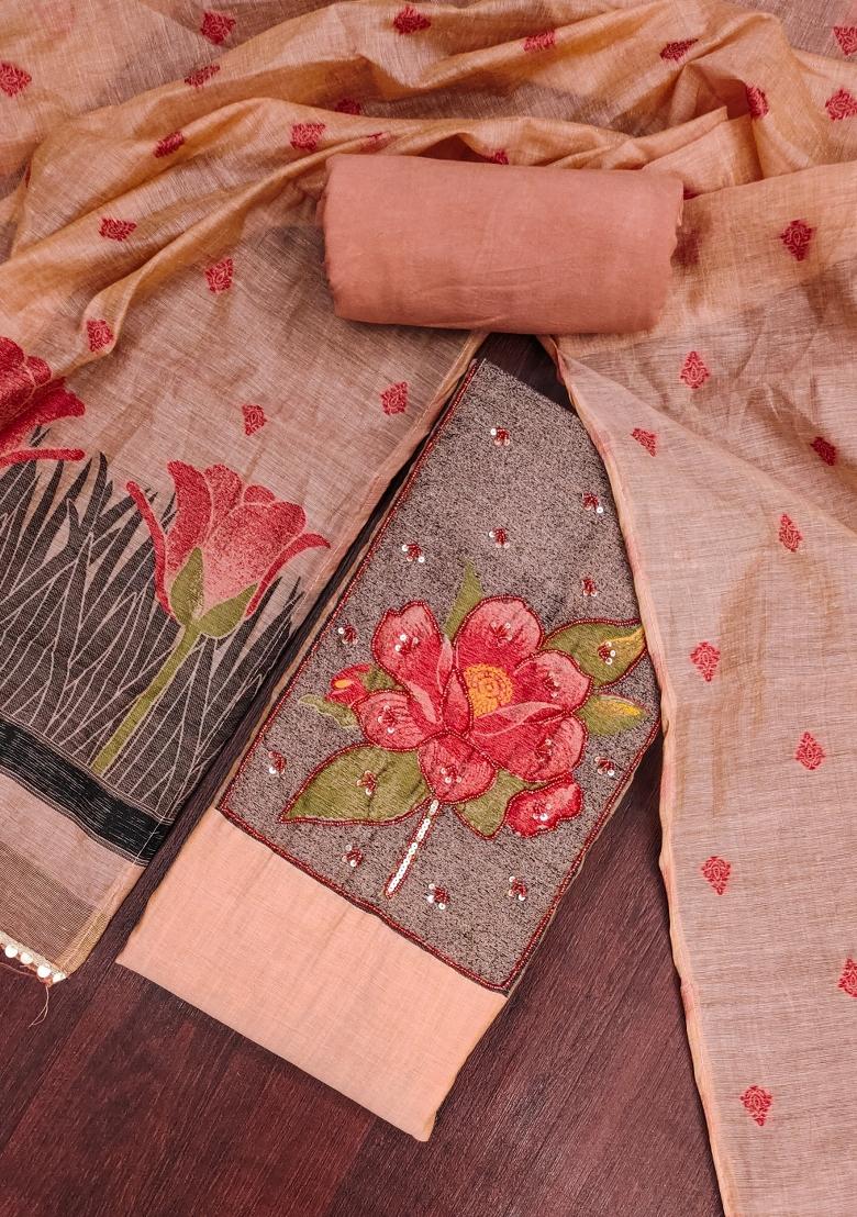 Peach Embroidery Cotton Kurta Set - Indya