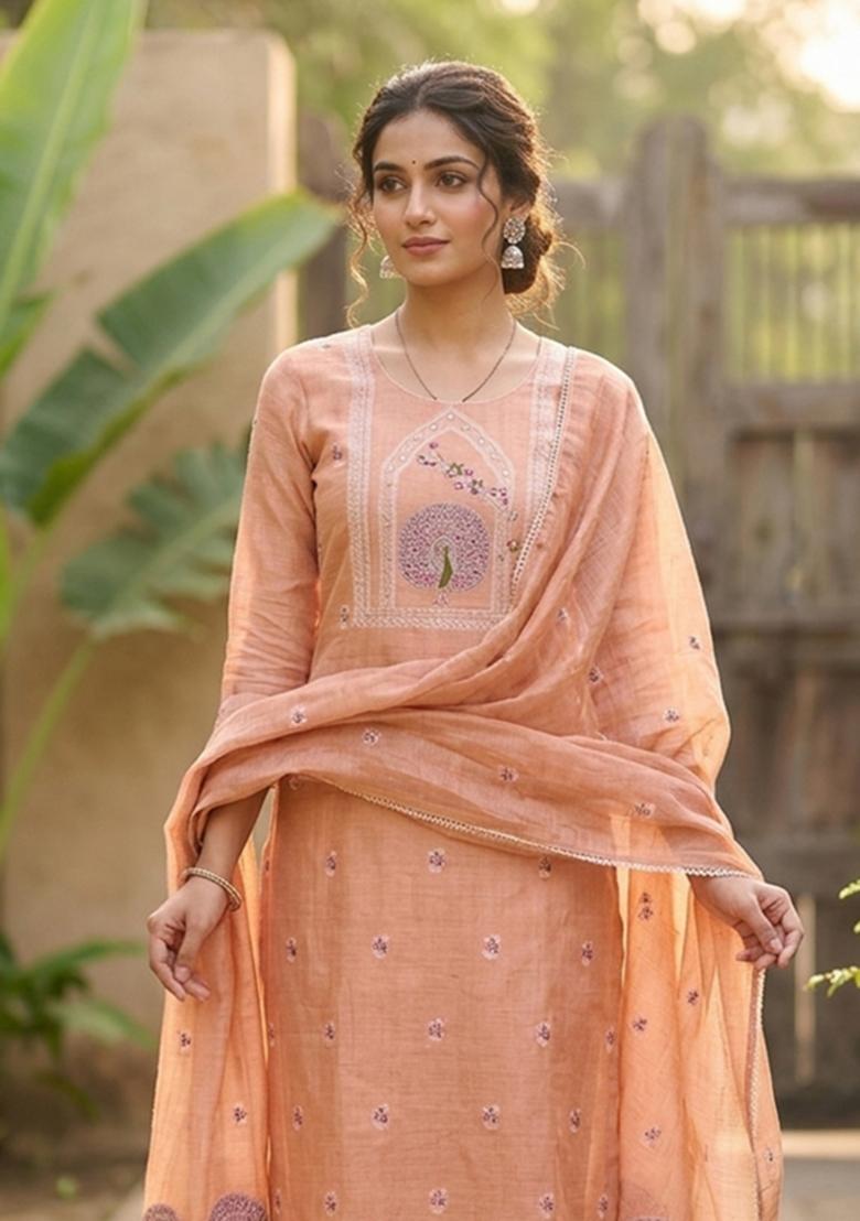 Orange Embroidery Cotton Kurta Set - Indya