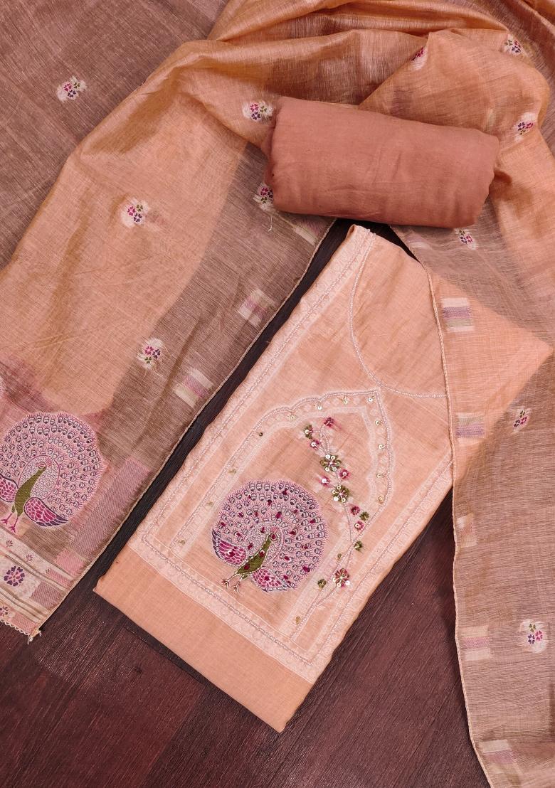 Orange Embroidery Cotton Kurta Set - Indya
