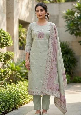 Grey Embroidery Cotton Kurta Set
