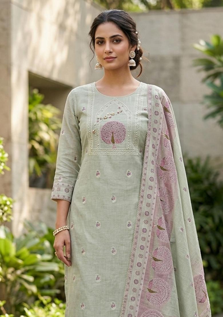 Grey Embroidery Cotton Kurta Set - Indya