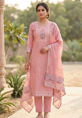 Pink Embroidery Cotton Kurta Set