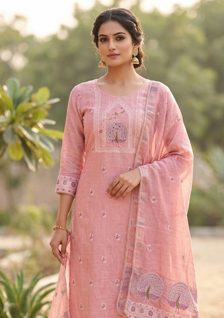 Pink Embroidery Cotton Kurta Set - Indya
