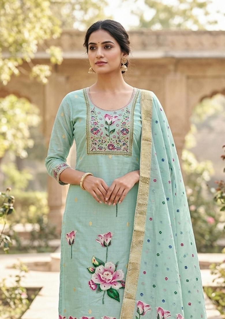 Blue Embroidery Cotton Kurta Set - Indya