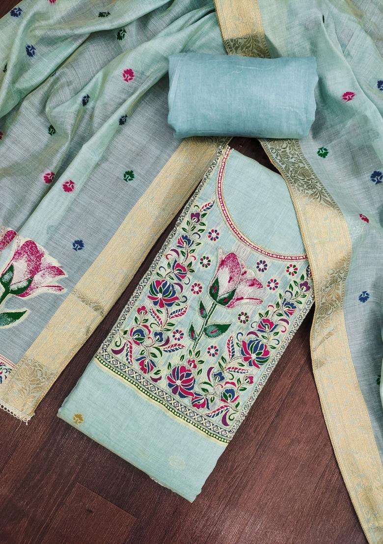 Blue Embroidery Cotton Kurta Set - Indya