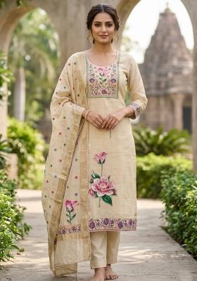 Beige Embroidery Cotton Kurta Set