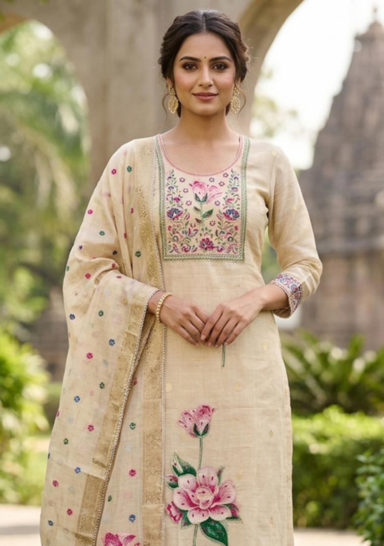 Beige Embroidery Cotton Kurta Set - Indya