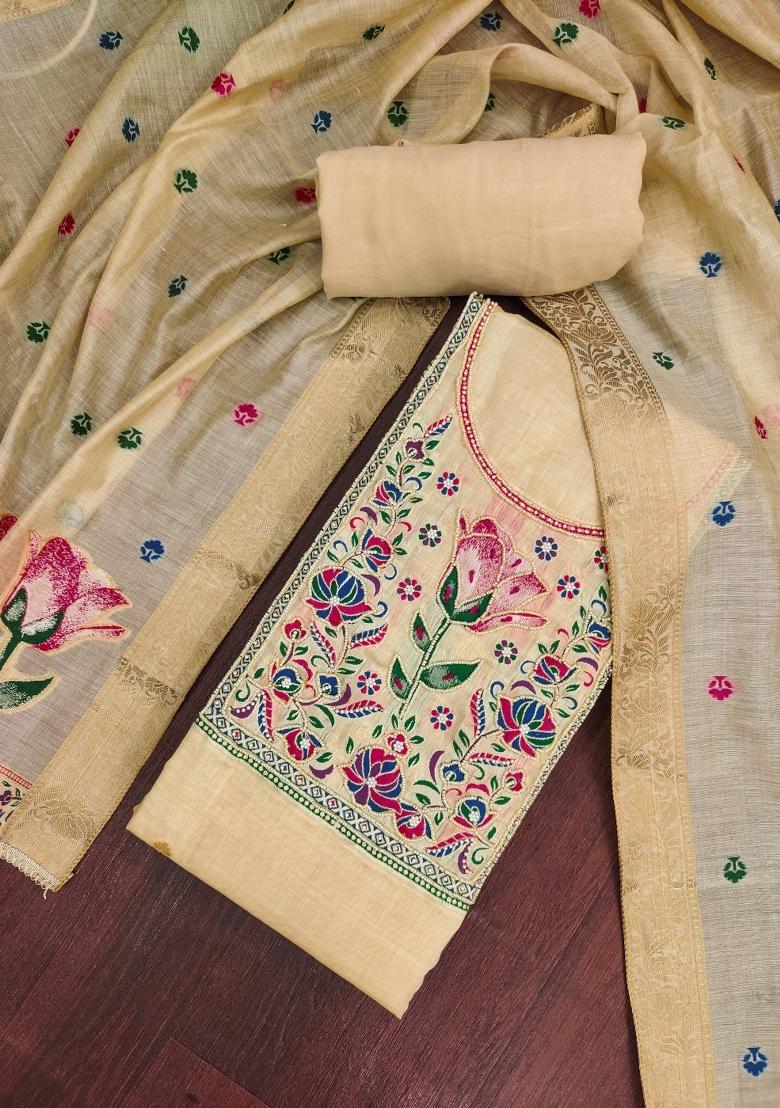 Beige Embroidery Cotton Kurta Set - Indya