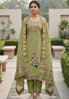 Green Embroidery Cotton Kurta Set