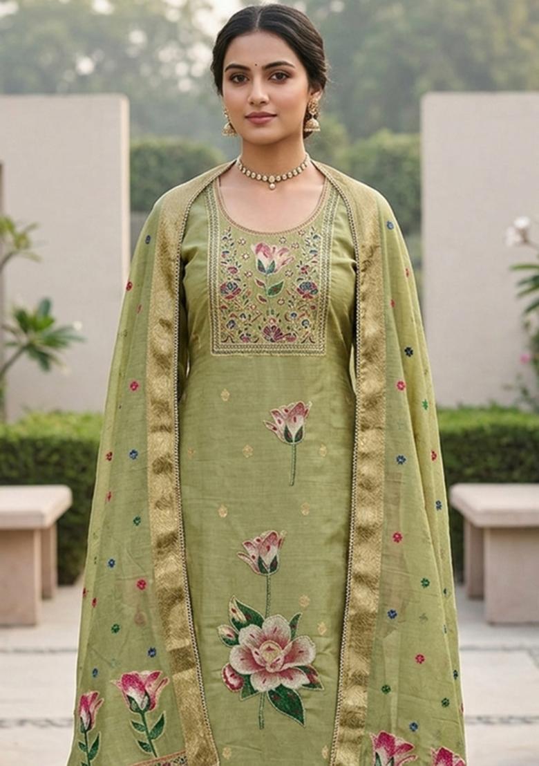Green Embroidery Cotton Kurta Set - Indya