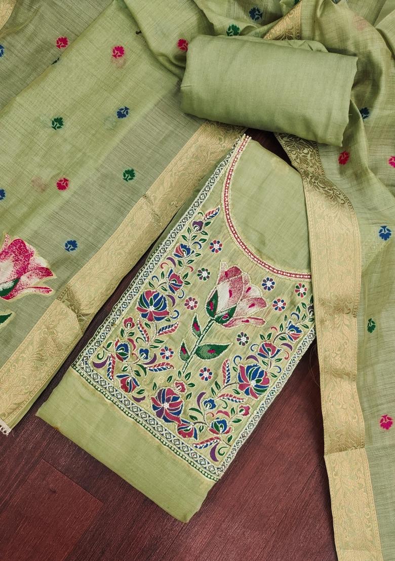 Green Embroidery Cotton Kurta Set - Indya