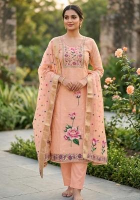 Peach Embroidery Cotton Kurta Set