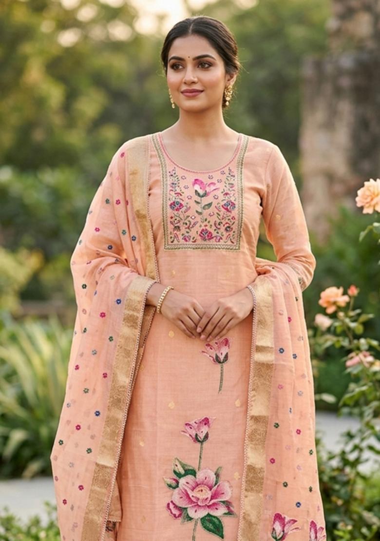 Peach Embroidery Cotton Kurta Set - Indya